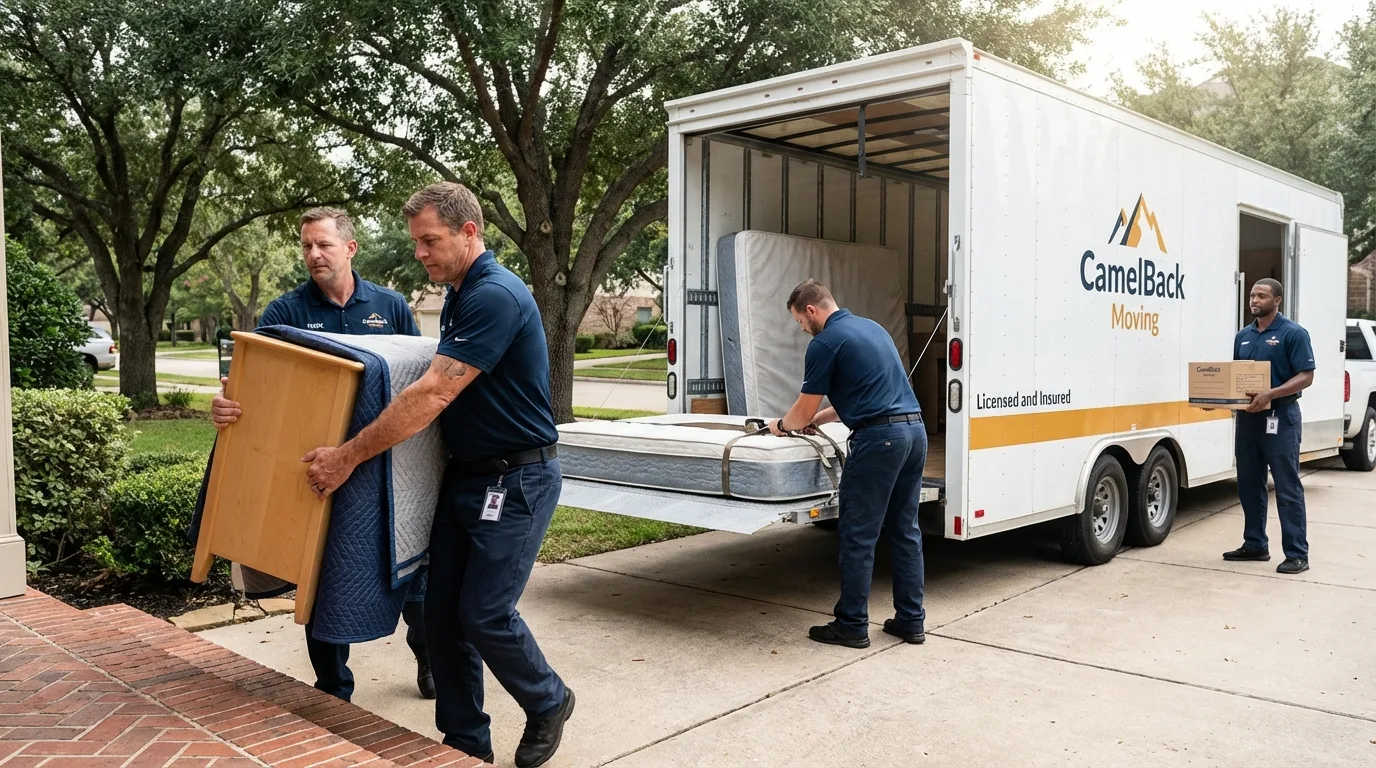 Crew loading residential truck for cross-state move from Thousand Palms, CA