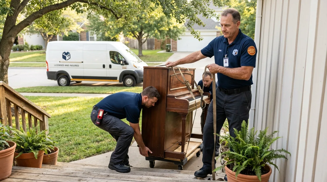 Licensed piano movers securing grand piano in Thousand Palms, CA