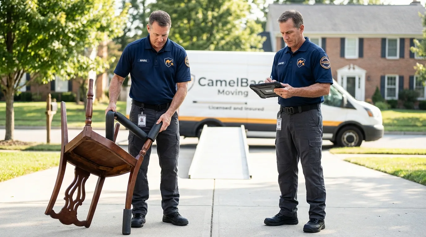 Movers inspecting furniture for damage prevention before loading in Thousand Palms, CA
